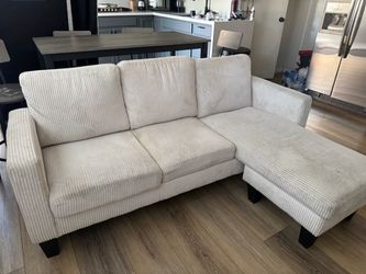 Cream Corduroy Sectional Sofa with Ottoman
