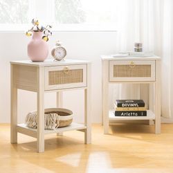 White Nightstand Set of 2,Rattan Decor Drawer with Brass Knobs Night Stand Wood Bedside Table Boho End Tables Side Tables with Storage Shelf
