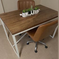 Wood (faux) Top And Metal Legs (strong) With 2 Leather Chairs- Kitchen Dinning Desk Table 45 X 30 X 30