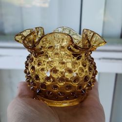 Vintage Fenton Hobnail Colonial Amber Miniture Double Crimp Vase