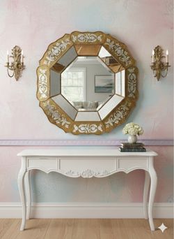 Vintage Etched Beveled Hexagonal Mirror | Venetian Style | Large 40” Statement Wall Mirror