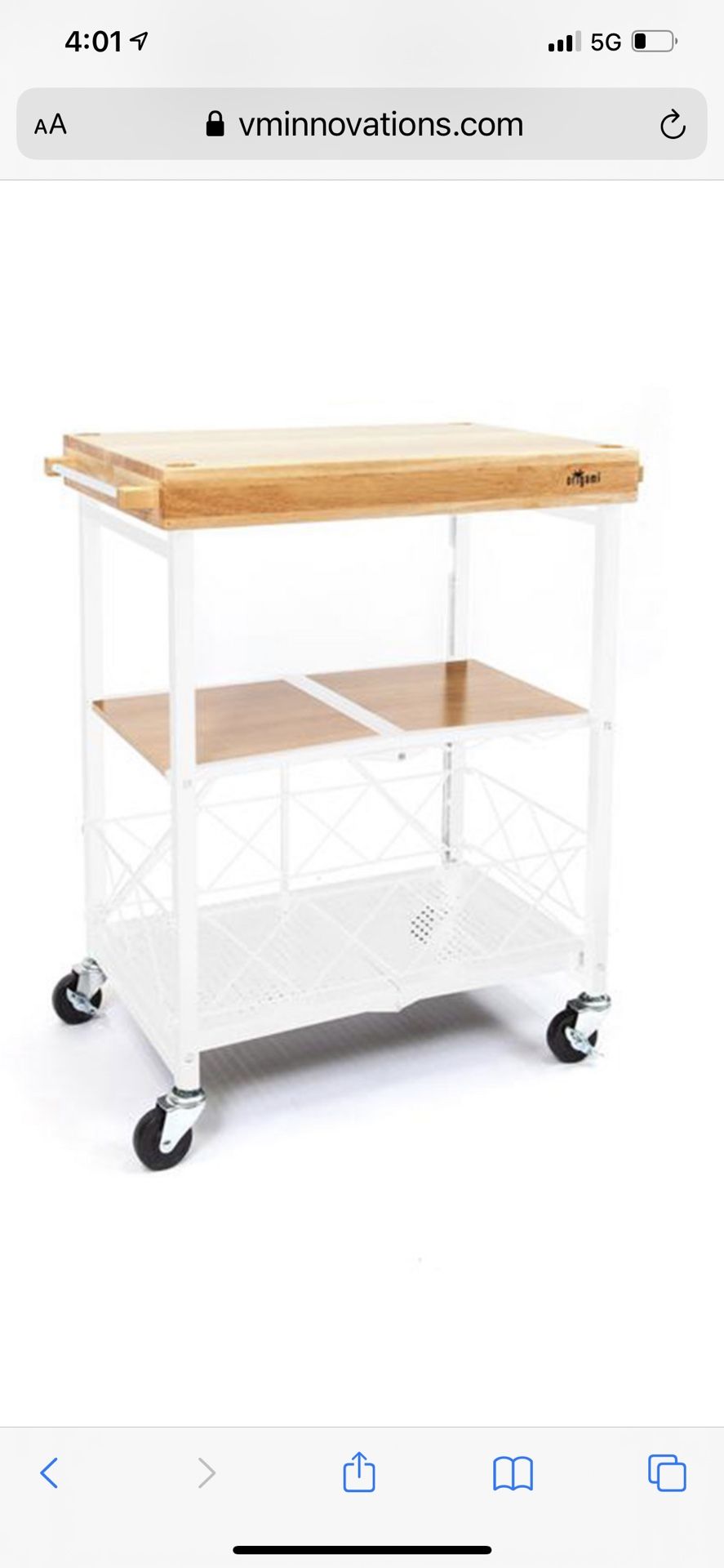 Origami Foldable Wheeled Portable Wood Top Rolling Entertainment Cart, White