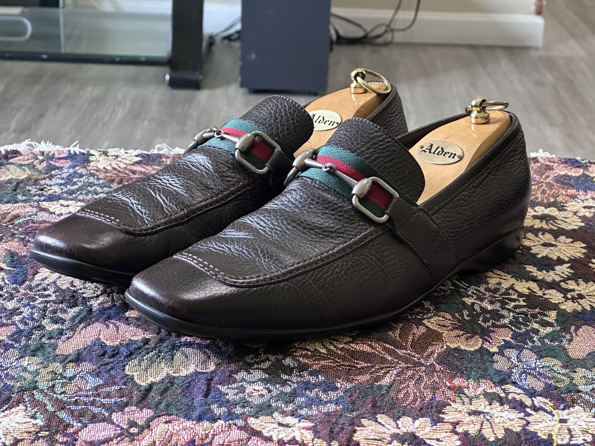 Gucci Classic Horsebit Web Dark Brown Pebble Leather Men’s Slip On Loafers Size 11