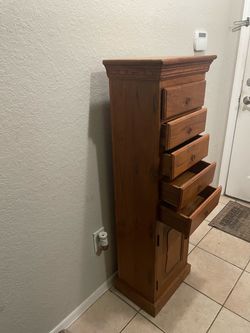 Tall Narrow teak wood 5 drawer & cabinet