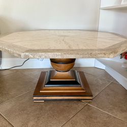 Octagonal Marble Coffee Table with Solid Wood Base 
