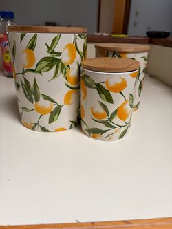 Lemon Print Kitchen Canister Set with Bamboo Lids