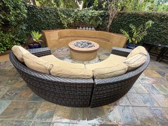 Large Curved Outdoor Wicker Sectional w/ Sunbrella Cushions