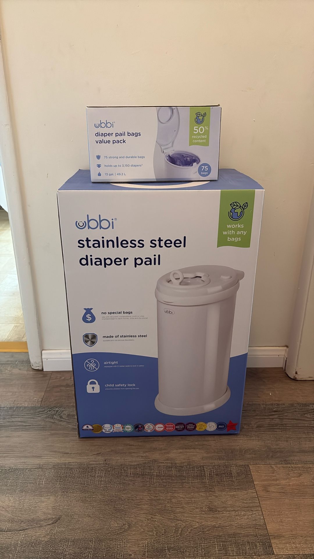 Ubbi Stainless Steel Diaper Pail & Box Of Diaper Pail Bags