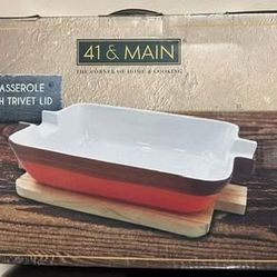 NEW! 41 & Main Ceramic Casserole Oven to Table Serveware Dish with Acacia Wood Lid