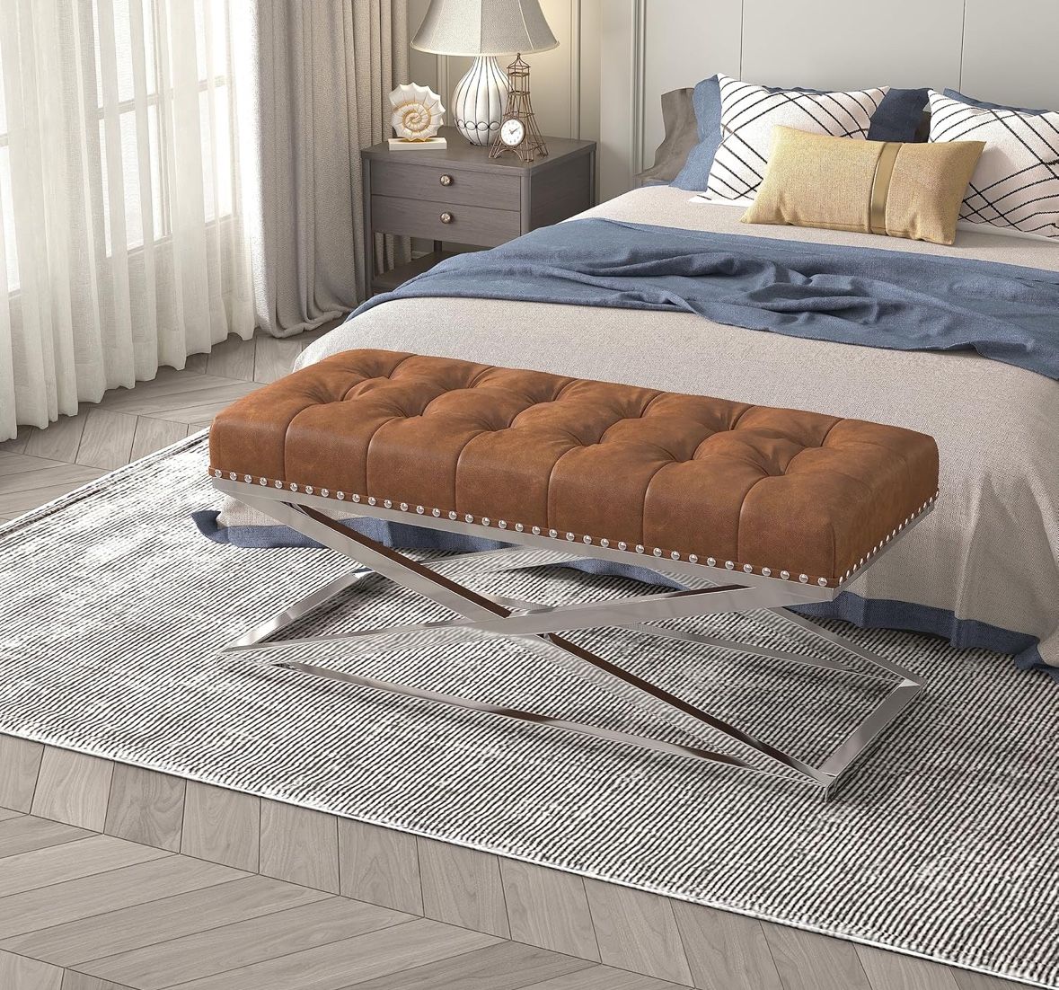 44” Brown Leathertech (Faux Suede) Tufted Bench w/ Modern Chrome Legs [NEW]
