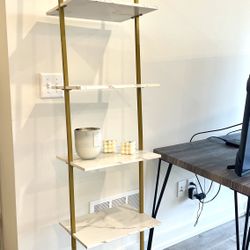 White 5-Shelf Ladder Bookcase or Bookshelf with Gold Metal Frame