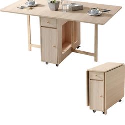 Extendable Drop Leaf Folding Dining Table with 2 Drawers and 4 Wheels for Living Room Kitchen Farmhouse Space Saving Table in Wood Color