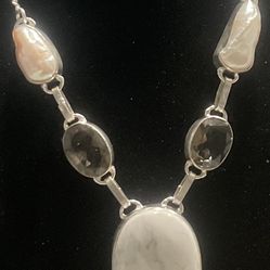Sterling Silver Necklace Smokey Quartz Magnesite & Nacre 24”