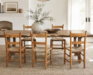 Vintage MCM Oak Rush Dining Chairs Set 4 Solid Wood Kitchen Ladder Back Woven Seat RARE Primitive