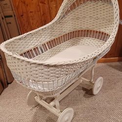 Vintage Baby / Infant Bassinet - White Wicker - 2 Cushion Pads and Skirt / 99 yrs old