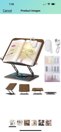 Book Stand for Reading with Book Light and 12 Bookmarks, Adjustable Book Holder with 360° Rotating