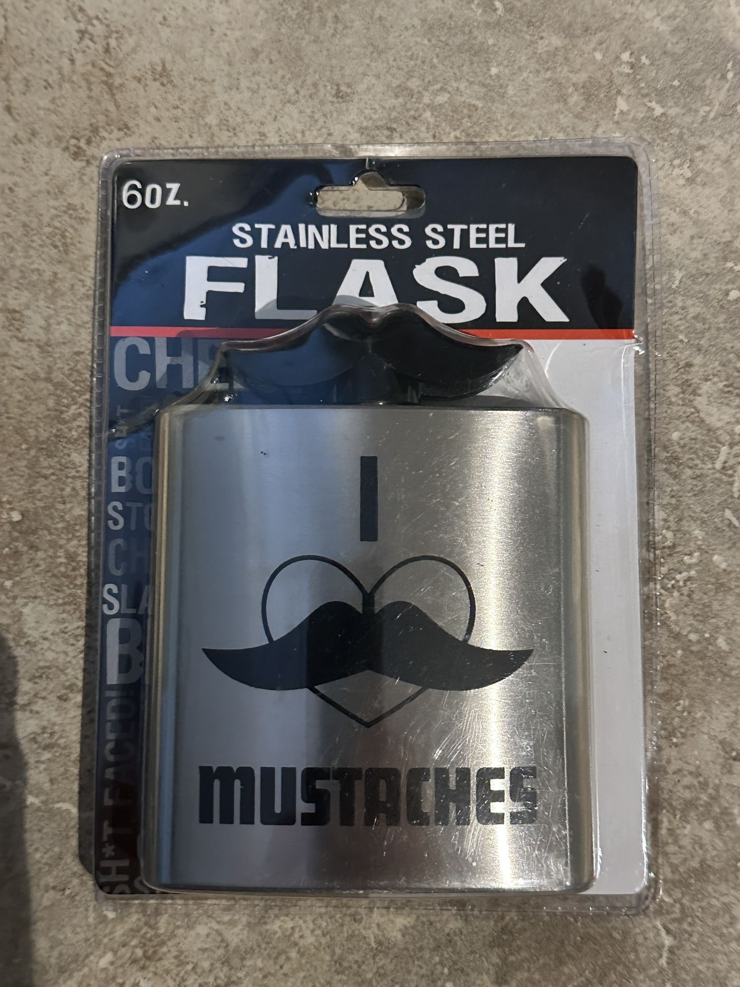 Spencer's Gifts “I Love Mustaches” 6oz. Stainless Steel Flask New