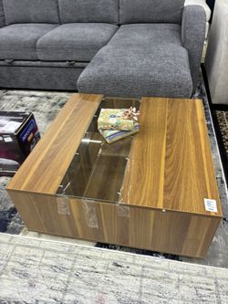 Modern Wood Coffee Table with Glass Top and Pet Cubby