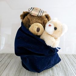 14" The Thomas Bear Brown Plushie Bear with Plaid Beret Hat & Mini Cream Colored Bear in a Blue Velvet Sack Set. Stuffed Animals. Both are pre-owned i