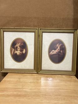 Vintage Cupid Asleep and Awake Prints Gold Framed 1897 M.B. Parkinson 13 x 11" set of two