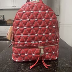 Michael Kors Rhea Zip Backpack Red White Gold Quilted Leather Travel Bag - Brand New