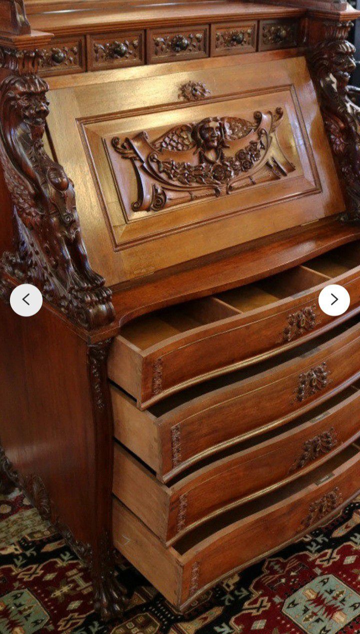 19th Century Victorian Mahogany Winged Griffin Slant Front Desk
