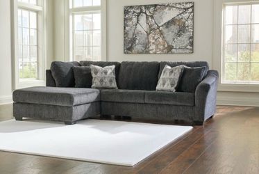 2pc SLEEPER SECTIONAL with Chaise and full size bed, dark gray, accent pillows, pull out memory foam mattress, steel frame. $1,599 118x73