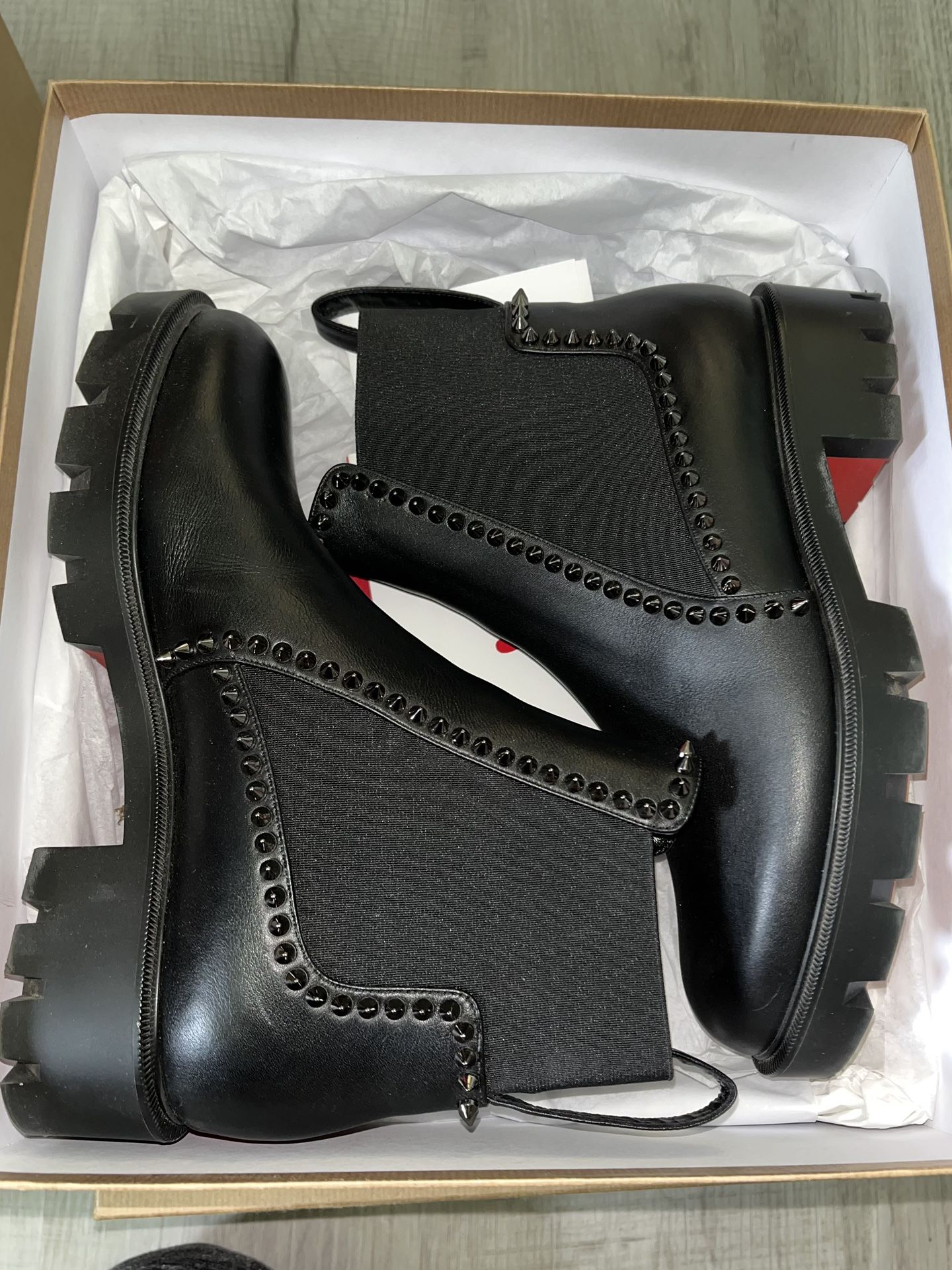 Christian Louboutin Out Lina Spike Lug Flat Black Ankle Boot 38.5