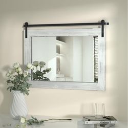 COGOOD Farmhouse Barn Door Mirror - 28" x 20" Rustic Wood Framed Wall Mirror for Bathroom, Living Room, Entryway Wall Decor (White)