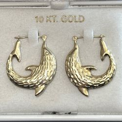10K Yellow Gold - Dolphin Hoop Earrings ~ Large Size~Diamond Cut. New in Box. 