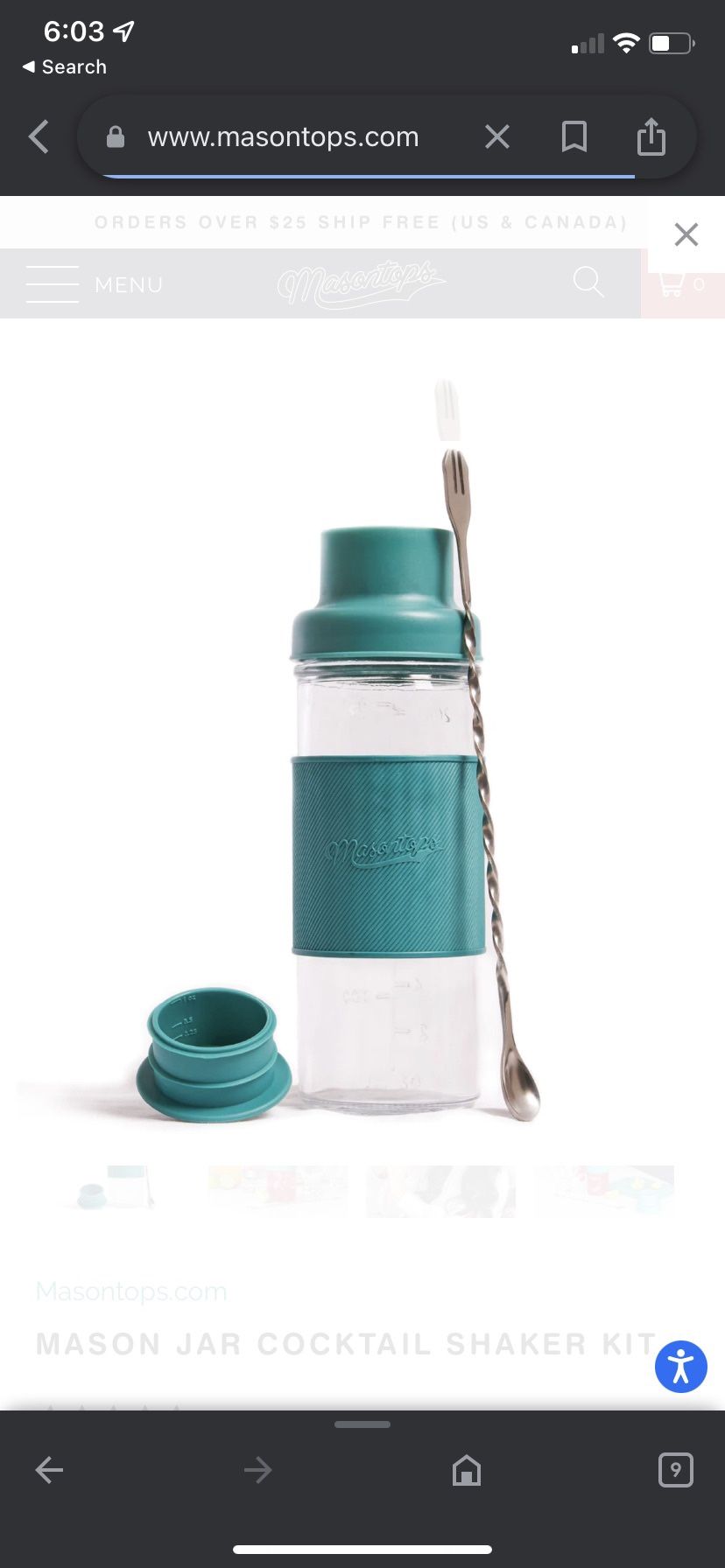 Masontops Brand New In Box Mason Jar Teal Blue Cocktail Shaker Kit!