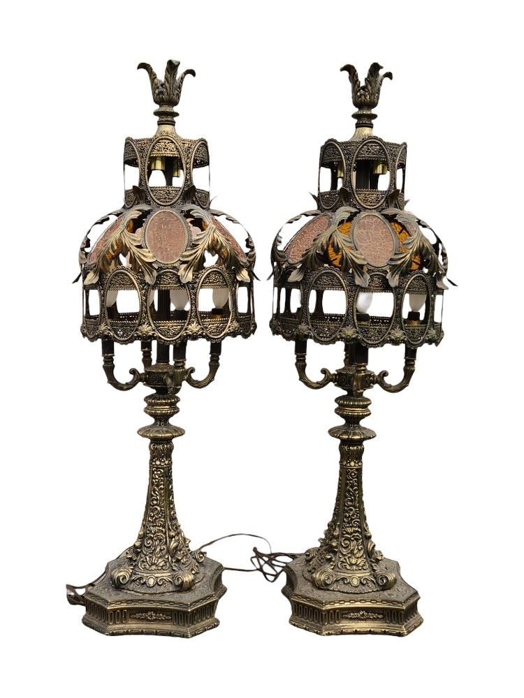 Set Pair 2 Vintage Loevsky? Brass? End Table Lamps Heavy Hollywood Regency 1970s MCM Moroccan