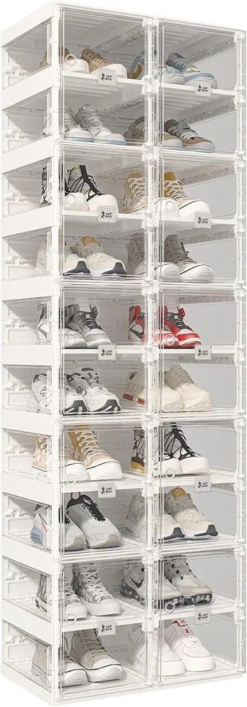 Foldable Shoe Rack,Shoe Organizers for Closet Plastic Shoe Storage Box Space Saving for Entryway, Large Sturdy Stackable Sneaker Cabinet Bins with Mag