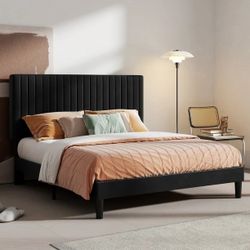 Queen Upholstered Platform Bed Frame with Adjustable Headboard/Vertical Channel Tufted Velvet Fabric/Wooden Slats Support/Mattress Foundation/Box Spri