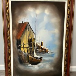 VINTAGE GASTON PETRIDIS OIL PAINTING NAUTICAL BOAT SCENE