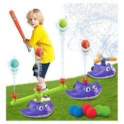 Sprinkler Baseball Set for Kids Ages 3+, T-Ball Lift & 360° Rotating Arms, Bat & 8 Soft Balls, Lawn Stabilizer, Fits 3/4 in. Garden Hose