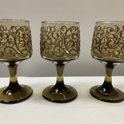 Set Of (3/2)Vintage Libby Glasses Prado Brown Raised Swirl Tawny Smoked Glass. 3-wine. 2-dessert.