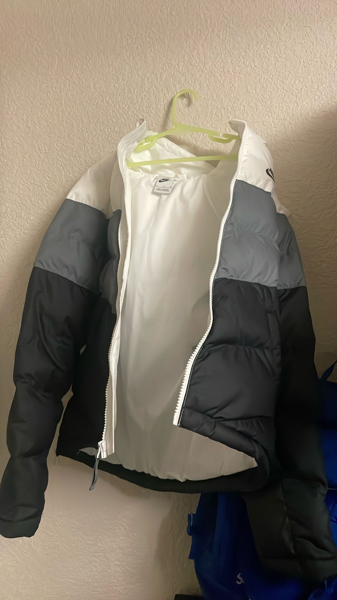 Boys, Nike jacket, puffer, grey, black, and white