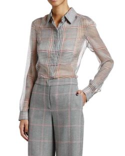NWT Giorgio Armani Plaid Chiffon Button Front Classic Blouse