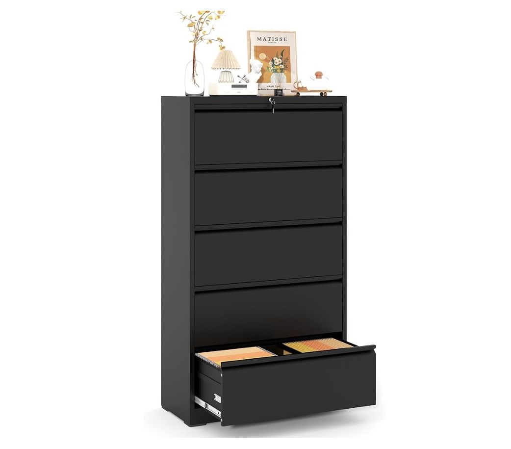 Z-Lateral File Cabinet with Lock,5 Drawer Metal Filing Cabinets, Home Office Storage Cabinet for Hanging Files Letter/Legal/F4/A4 (Black)