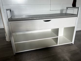 White Entryway Storage Bench with Cushion