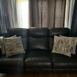 Dark Blue Leather Recliner Couch Set 