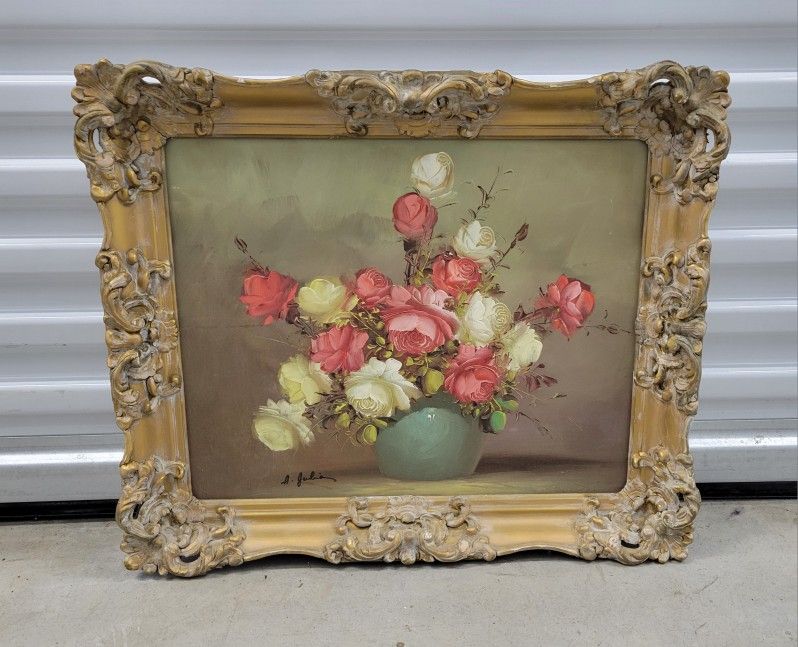 A. Julia Mid-Century Floral Still Life Oil Painting, Framed