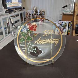 Gorgeous 50th Anniversary Platter Clear Glass With Rose Design 11.5"W