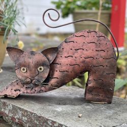 LARGE COPPER COLOR METAL TEA LIGHT CANDLE CAT STATUE 