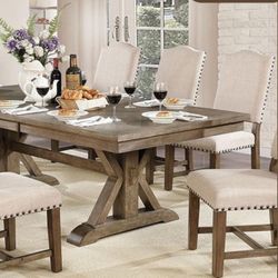 Rustic Wood Dining Table With Trestle Base & Beige Linen Chairs