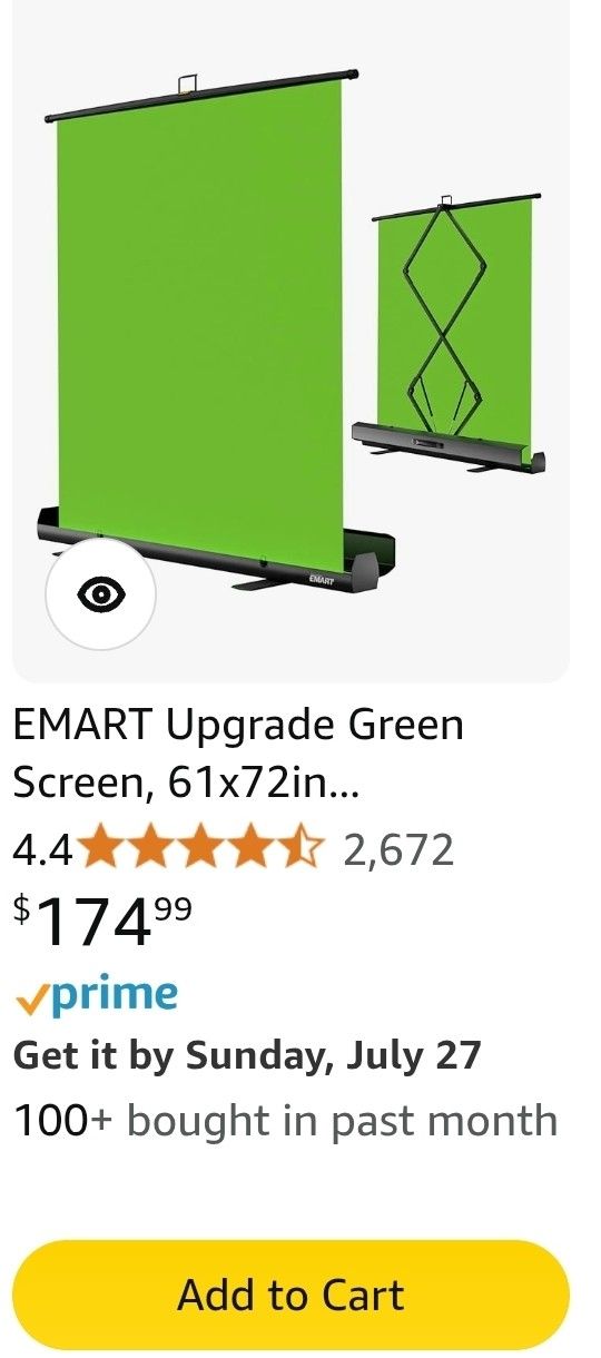 61x72in EMART Green Screen (Doesn't Stay Retracted Without Support)