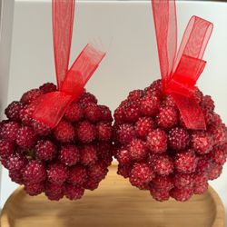 Pair Red Raspberry Cluster Christmas Ornaments Heavy Textured Berry Decor 3”