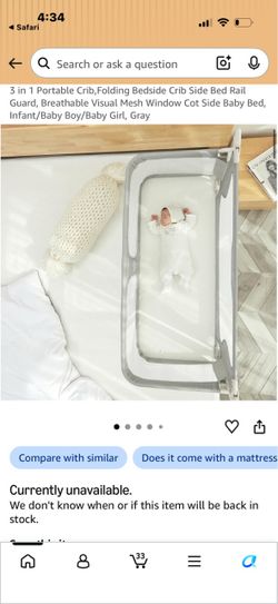 3 in 1 Portable Crib,Folding Bedside Crib Side Bed Rail Guard, Breathable Visual Mesh Window Cot Side Baby Bed, Infant/Baby Boy/Baby Girl, Gray