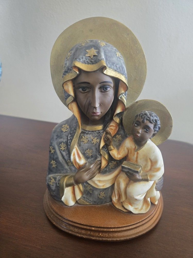 A.Santini Black Madonna With Child Sculpture. Signed